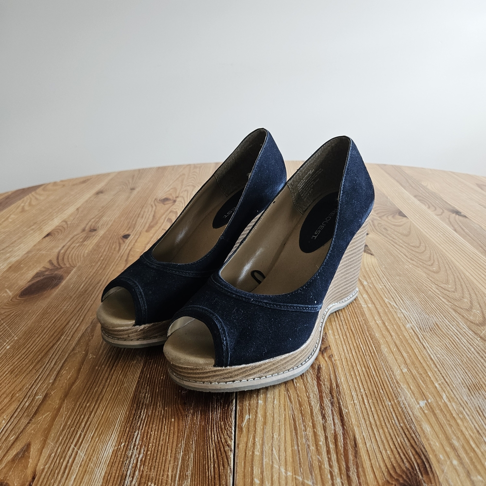 Request Black Suede Peep Toe Wooden Wedges